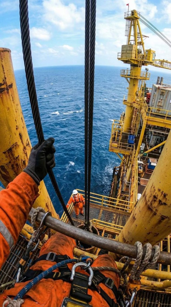 Rope access inspection technician climbing platform structure